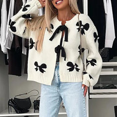 LIZAKOSHT - Lady Elegant Long Sleeve Commuter Sweater New Winter Fashion Butterfly Knot Printed Sweater Casual O Neck Lace Up Loose Cardigan