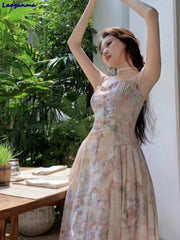 LIZAKOSHT - French Style Fairy Romantic Floral Printed Camisole Dress Ladies New Casual Beach Holiday Dresses Summer Midi Women Robe
