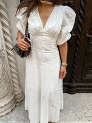 LIZAKOSHT - White Backless Summer Dress For Women Short Sleeve Slim V-Neck High Waist Elegant Commute Dress Female Bandage Long Dress