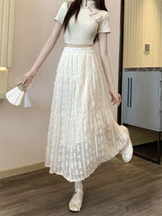 LIZAKOSHT - Autumn Elegant A-line Slim fit Half Skirt for Women Korean Style Mesh Wooden Ear Edge Splicing Chiffon Women's Half Skirt