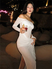 LIZAKOSHT - Summer White Sexy See Through Split Long Dresses Club Outfits Women Off Shoulder Hollow Out Cocktail Party Vestidos