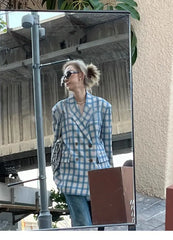 LIZAKOSHT  -  Blazer Plaid Button Design Blue Casual Women'S Spring And Autumn Korean Style High-End Design Hong Kong Style Retro Suit Trend