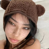 LIZAKOSHT Y2K Women Polar Fleece Ear Caps Autumn Winter Bomber Hat Cute Bear Warm Soft Earmuff Unisex Funny Beanie Skullies Travel Ski Cap
