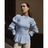 LIZAKOSHT  -  Plaid Pleated Long Sved Flared Slim Fit Women's irt Polyester Fabric round Ne Long Sve European Sle Spring