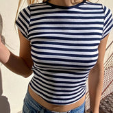 LIZAKOSHT - Fashion Baby Tee Women's Summer Casual Striped Tops Short Sleeve Round Neck Short Slim Fit T-shirt Daily Streetwear