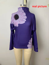 LIZAKOSHT - Female High Neck Tops New Stylish Flower Printed Elegant Purple Spring Autumn Long Sleeve Korean Casual T-Shirts