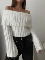 Lizakosht Rib Knit Off Shoulder Pullover For Women Fashion Long Sleeved White Warm Knitwear Sweater Autumn Chic Female Street Jumper