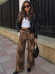 LIZAKOSHT - Fashion Leopard Print Women Pants Female High Waist Wide Leg Slacks Ladies Chic and Elegant Casual Trousers New In