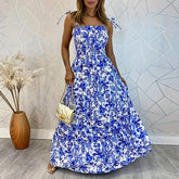LIZAKOSHT  -  Women Casual Off Shoulder Strap Long Dress Spring Summer Sleeveless Loose Beach Dress Vintage 2024 Floral Print Bohemia Dress
