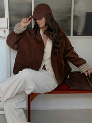 LIZAKOSHT  -  Autumn Chic Plaids Linen Solid Corduroy Coats Elegant Female Stand Collar Zipper Long Sleeves Jacket Fashion Lady Street Outwear