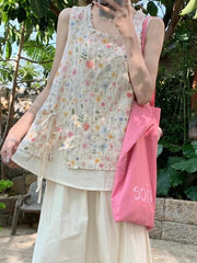 LIZAKOSHT - Sweet Summer Flower Print Fake Two Piece Square Neck Embroidery Loose Tanks & Camis