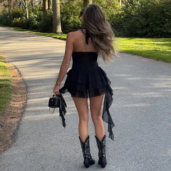 LIZAKOSHT - Hot Sexy Halter Deep V-neck Backless Ruffle Tassel Black Playsuits Women Skinny Club High Street One Piece Romper 2025