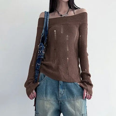 LIZAKOSHT - Women Grunge Loose Streetwear Pullovers Autumn Vintage Casual Knitted Hollow Out Jumpers Trendy Y2k Aesthetic Fashion Sweaters