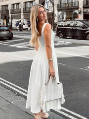 LIZAKOSHT - Woman Clothing Square Collar Sleeveless White Long Dress Ladies Fashion High Waist Backless A-line Party Dresses 2024 Streetwear