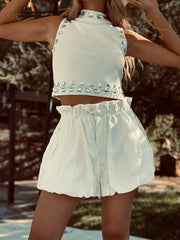 LIZAKOSHT - Spring and Summer Women Flower Bud Lantern Cotton Shorts Trend Loose Pleated Pocket Design Solid Versatile Casual Beach Shorts