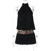 LIZAKOSHT - Sexy Halter Neck Leopard Tunics Mini Vacation Dress Streetwear Women Chic Hollow Out Backless Short Evening Party Dresses