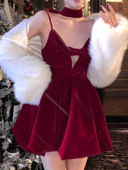 LIZAKOSHT - Sexy Velvet Short Dress Women Bow Red Vintage Sweet Party Dress Female Sleeveless Korean Fairy Mini Evening Dress Winter