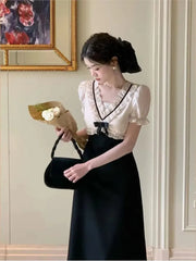 LIZAKOSHT - Women Elegant V-neck High Waist Patchwork Midi Dress Female Puff Sleeve Ruffle France Dress Female Holiday Beach Dress