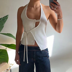 LIZAKOSHT - Summer Hot Sexy Halter Backless Asymmetrial Lace Up Solid Crop Top Low Cut Club Streetwear Camisole 2025