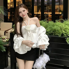 LIZAKOSHT - Long Sleeves High Quality Chiffon Blouses Floral Sweet Women Crop Top One-Piece Collar Kawaii Korean Shirt Puff Sleeve Top
