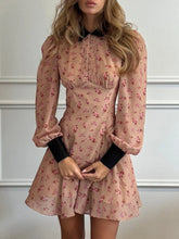 LIZAKOSHT - Fashion Printing Contrast Mini Dress For Women Turndown Collar High Waist Pleats Shirt Sleeve Patchwork Women's Mini Dress