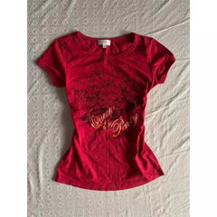 LIZAKOSHT - American Retro Short Sleeve Red T-shirt Women's Summer New Slimming Vintage Chic Fashion Top Casual Simple Elegant Ladies Tees