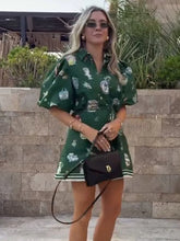 LIZAKOSHT - Printed Women's Short Dresses Single Breasted Turn-Down Collar Dress Lace Up Waist Slim Fit Ladies Out Suits High Street Clothes