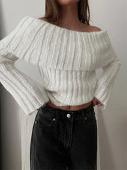 Lizakosht Rib Knit Off Shoulder Pullover For Women Fashion Long Sleeved White Warm Knitwear Sweater Autumn Chic Female Street Jumper