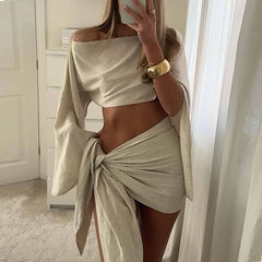 LIZAKOSHT - Summer Skew Collar Long Sleeve Blouse Top+Skirts Beach Outfits Sexy Asymmetric Dresses Suit Hawaii Vacation Two Piece Women Set