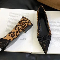 LIZAKOSHT - Elegant Pointed Toe Women Shoes Leopard Print Shallow Mules Shoes 2025 Spring Fashion Suede Bow Design Flat Shoes Zapatos Mujer