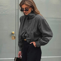 LIZAKOSHT - Elegant Fashion Brown Stand Collar Jackets Street Chic Single-Breasted Coat for Woman Gray Outerwear 2025 Autumn Long Sleeve Top