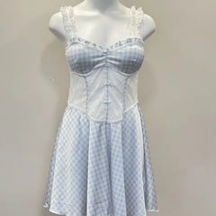 LIZAKOSHT - Sweet Heart Nightgowns Plaid Nightdress College Style Summer Sexy Nightgowns Spice Wide Edge Lace Dress Waist Skinny Nightgowns