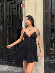 LIZAKOSHT - Women Sexy Sleeveless V-neck Mini Dress Chic Backless Off Shoulder High Waist Pleated Loose Dresses Lady Holiday Vestidos