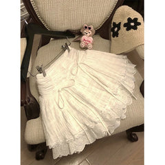 LIZAKOSHT - Kawaii Bow White Mini Skirt Women Japanese Cute Lace Patchwork Skirts Summer Harajuku Korean Ruffles Chic A Line Faldas
