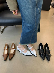 LIZAKOSHT - Pointed Toe Women Loafers 2024 New Arrivals Black Brown White Fashion Dress Shoes Belt Buckle Black White Brown Party Low Heeled