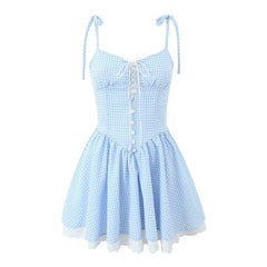 LIZAKOSHT - Sexy Elegant Women Lace Patchwork Front Bandage Sling Plaid Dress Low Waist Female Summer Mini Dress Party Robe