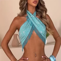 LIZAKOSHT - Sexy Sequins Tassel Skirts Set Women Irregular Halter Backless Sleeveless Crop Tops Solid Mini Skirt 2025 Beach Lady Suit New