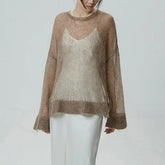 LIZAKOSHT  -  Hollow Out Pullovers Women Loose O-neck Long Sleeve Knit Sweaters Female 2025 Spring Shinny Chic Evening Shirts Lady