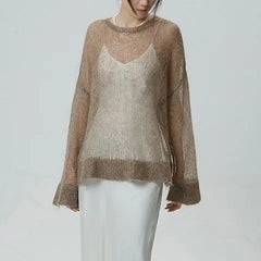 LIZAKOSHT  -  Hollow Out Pullovers Women Loose O-neck Long Sleeve Knit Sweaters Female 2025 Spring Shinny Chic Evening Shirts Lady