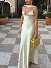 LIZAKOSHT  -  Satin Sexy Suspenders Long Dress Women 2025 New Summer Elegant Sleeveless Backless V Neck Dresses Chic Beach Party Evening Dress