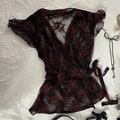 LIZAKOSHT - Sexy T-shirt Lace Y2k Clothes Slim Crop Top Goth Short Sleeve Punk Vintage Tees Hot Girl Sweet 2000s V-Neck Harajuku Emo Korean