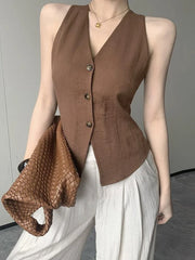 LIZAKOSHT  -  Women's V-Neck Single Breasted Sleeveless Vest New Fashion Summer Linen-Blend Waistcoat For Women Casual Chic Ladies Vest Tops