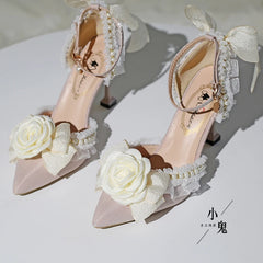LIZAKOSHT - Lolita Elegant Camellia Lo Shoes Flower Wedding High Heels Sweet Sandals Bowtie Lace Lolita Girls Tea Party Single Shoes
