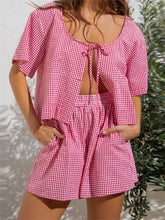LIZAKOSHT - Women Summer Loose Casual 2 Pieces Sets Short Sleeve Plaid Print Split Tie-up T-Shirts Tops Elastic Waist Shorts