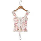 LIZAKOSHT - Sexy Pink Floral Print Bow Collar Elastic Strap Tank Top Slim Corset Women Lacing up Sashes Back Lace Hem Side Zipper Crop Vest