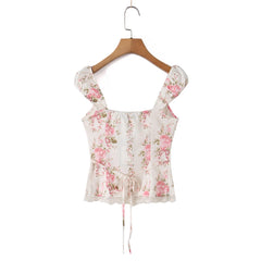 LIZAKOSHT - Sexy Pink Floral Print Bow Collar Elastic Strap Tank Top Slim Corset Women Lacing up Sashes Back Lace Hem Side Zipper Crop Vest