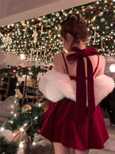 LIZAKOSHT - Sexy Velvet Short Dress Women Bow Red Vintage Sweet Party Dress Female Sleeveless Korean Fairy Mini Evening Dress Winter