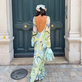 LIZAKOSHT - Print Sheer Mesh Deep Backless Flare Sleeve Midi Bodycon Dress Bell Sleeve Summer Beach Resort Party Outfit