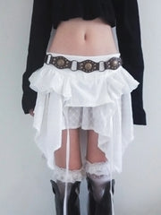 LIZAKOSHT - Lrregular Ruffle Lace Patchwork Mini Skirt Women y2k Streetwear Vintage Korean Casual White Tiered Layer Skirt Boho