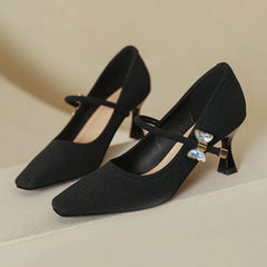 LIZAKOSHT - Fashion Elegant High Heels for Women Square Toe Thin Heels Office Shoes Fashion Shallow Diamond Bow Mary Jane Shoes Women Pumps